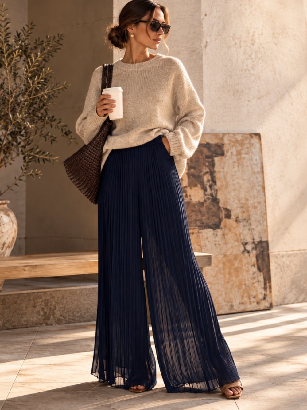 Zara Women’s Navy Blue Pleated Wide-Leg Pants – Size small